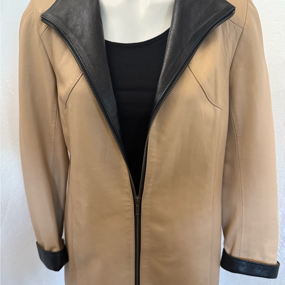Caroline Moore Lambskin Leather, Tan and Black Zip-Up Jacket Size 10
